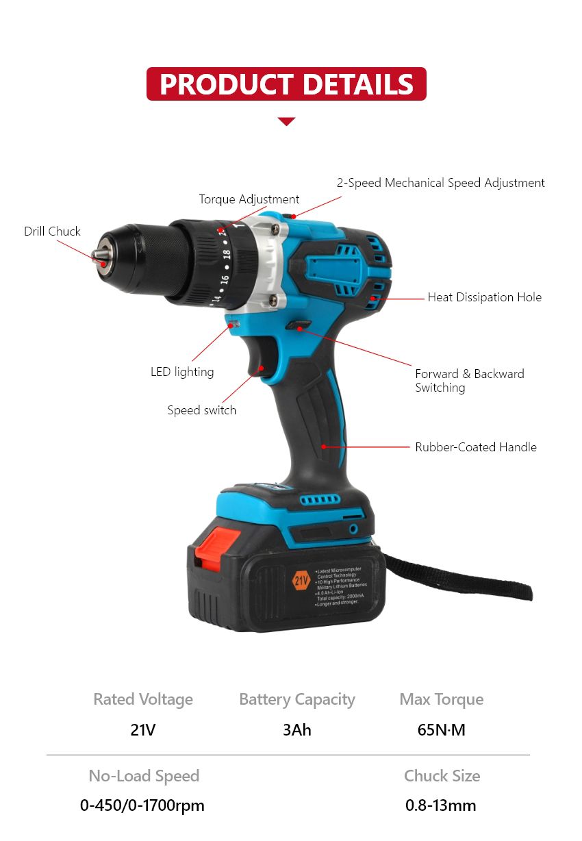 21V 65N·m Brushless Cordless Impact Drill 21V 65N·m Brushless Cordless Impact Drill