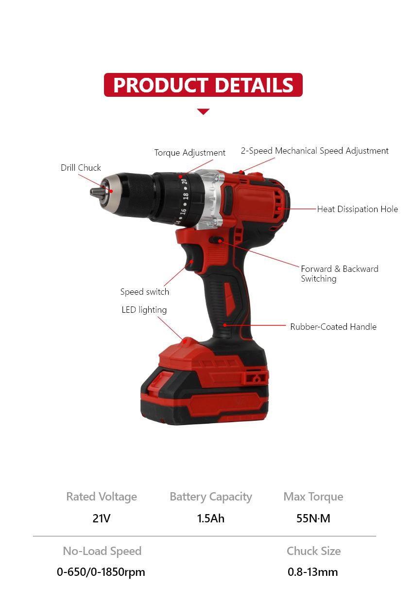 21V 55N•m Brushless Cordless Impact Drill 21V 55N•m Brushless Cordless Impact Drill