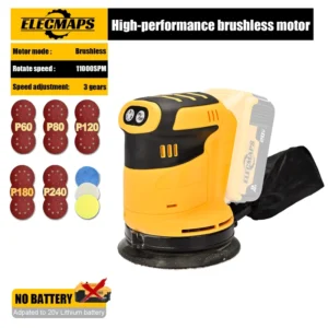5 Inch Random Orbital Sander 380W 12800OPM 6 Speed 28.0Ah 20V Batteries 20 Sandpaper Dust Bag Clamp On Woodworking