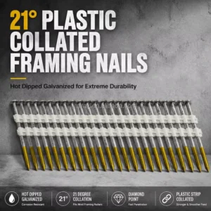 Collated Ring Shank Framing Nails 21 Degree Plastic Strip 3 1/2 Inch for Wood Framing