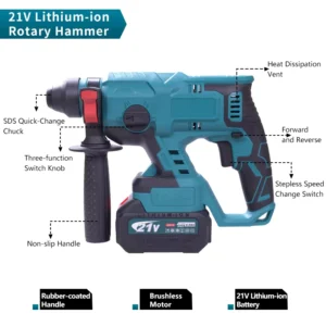 Cordless 21V Lithium Hammer Drill with Brushless Motor for Concrete Drilling