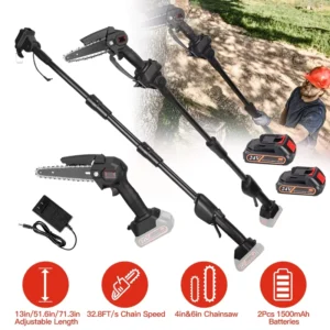 Cordless Pole Saw 2-in-1 Battery Brushless Mini Chainsaw with Pole 2 Pack 21500mAh Batteries