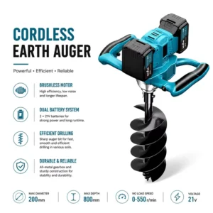 Electric Post Hole Digger Cordless Earth Auger with Reverse Function Adjustable Speed for Farming Landscaping