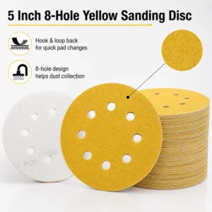 Industrial 5 Inch 8 Holes Yellow Sanding Disc Hook Loop Aluminum Oxide for Metal Wood Paint Surface Preparation