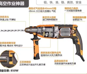 Industrial Electric Power Hammer Drill for Wall Demolition and Concrete Slotting 220V 4.0Ah Battery Pistol Grip